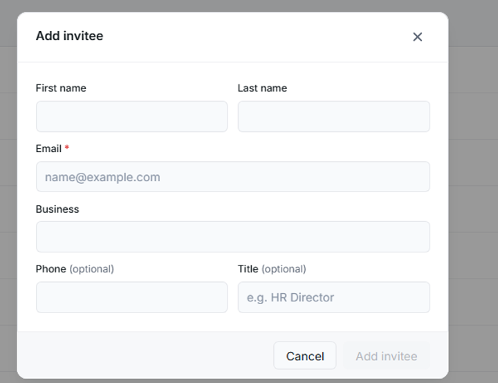 The Add invitee form with name, required email, business, phone, and title fields.