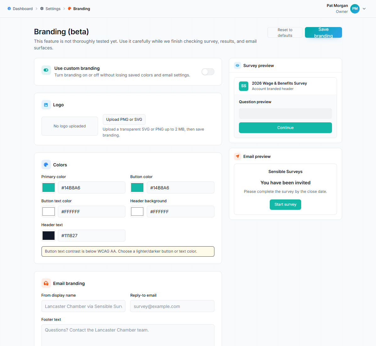 Branding page with custom branding toggle, logo upload, colors, email branding, and live previews.