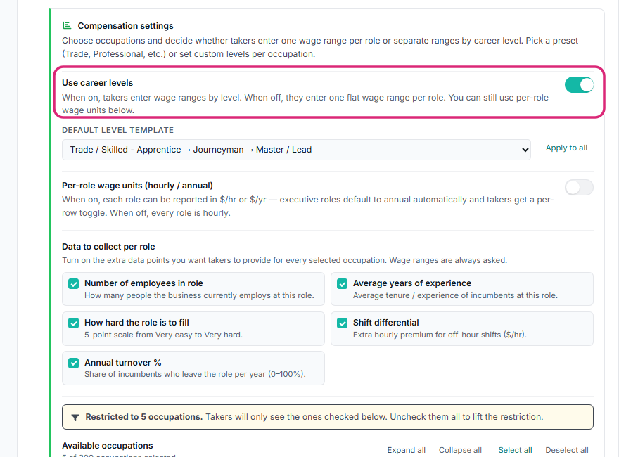 Compensation settings in the editor with the Use career levels toggle highlighted.