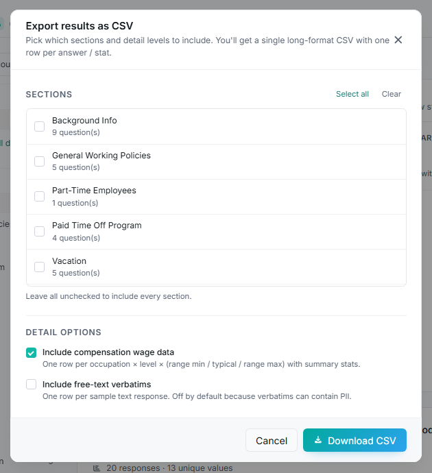 The Export results as CSV dialog with section picker and detail options.