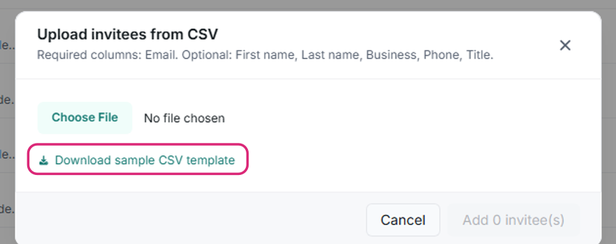 The Upload invitees from CSV dialog with the sample-template download link highlighted.
