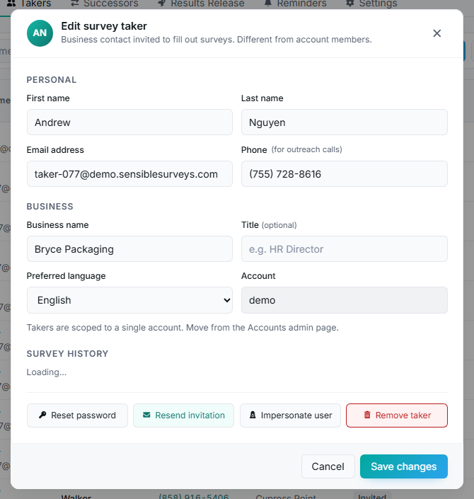 The Edit survey taker dialog with personal and business fields, survey history, and action buttons.