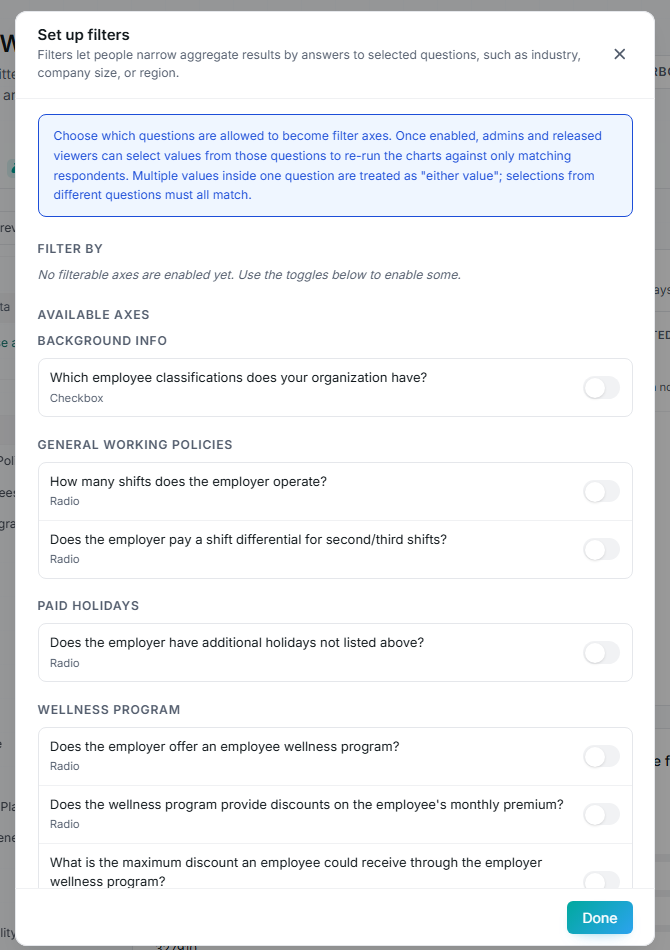 The Set up filters dialog with value pickers and the Available axes toggles.