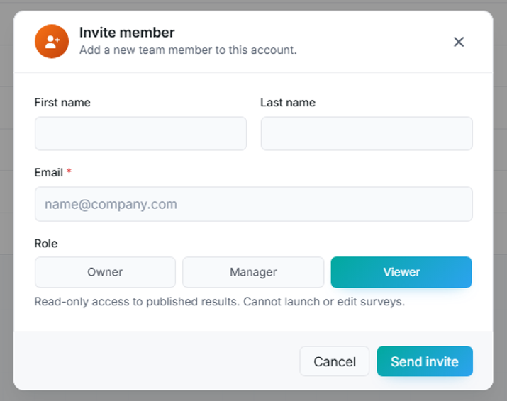 The Invite member dialog with the role choices and their descriptions.