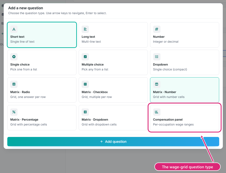 The question type picker with the Compensation panel card highlighted.