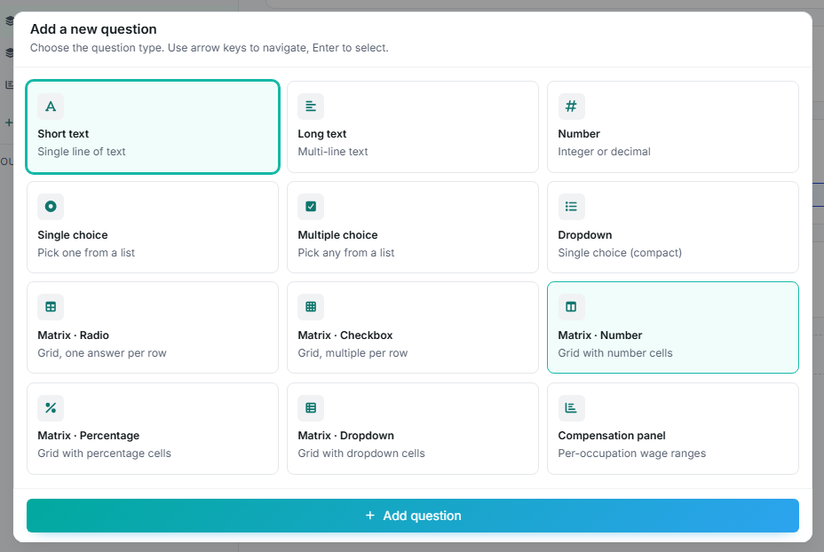 The Add a new question type picker showing all twelve question types.