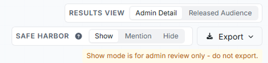 The results header controls: Results view toggle, Safe harbor display switcher, and Export menu.