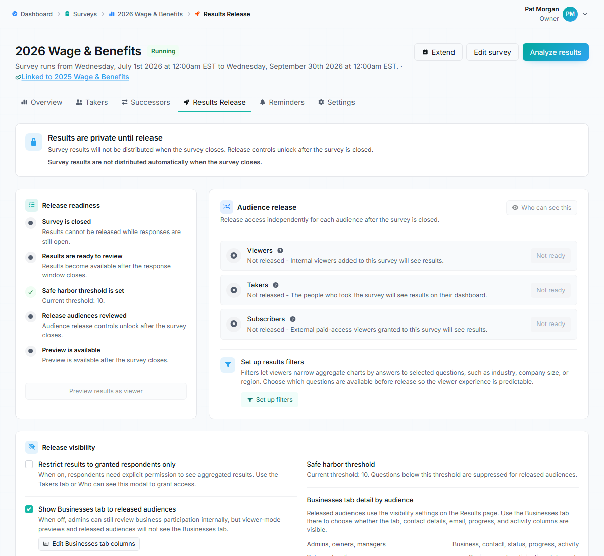 Results Release tab showing release readiness, audience release, and release visibility controls.