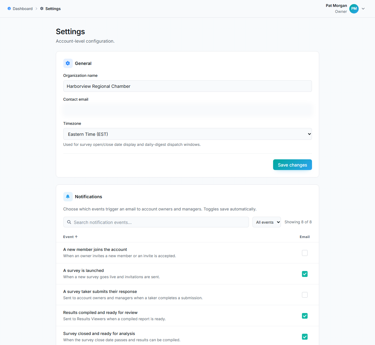 Settings page with general fields and the notifications table.