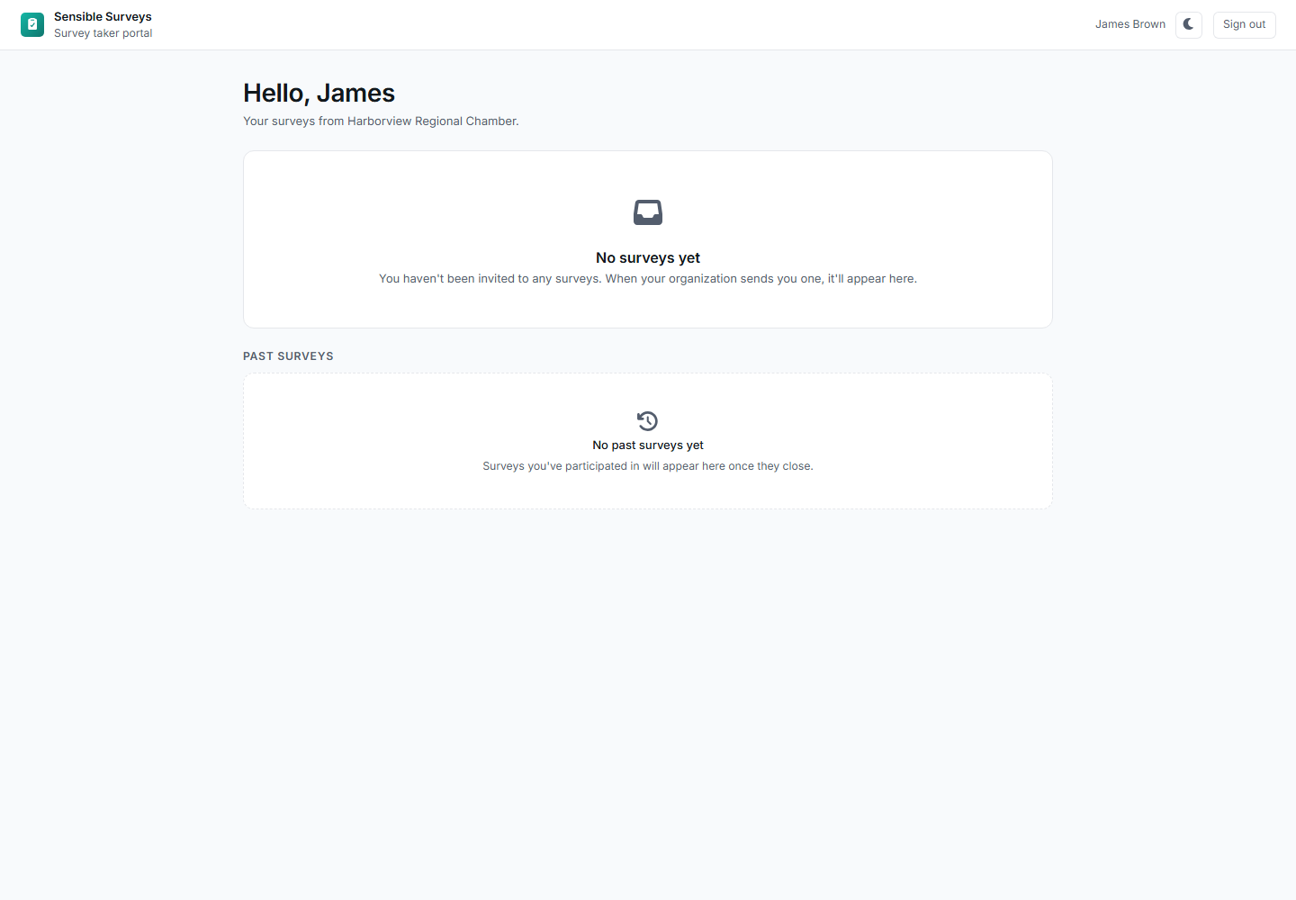 Survey taker dashboard showing active surveys with status badges and continue buttons.