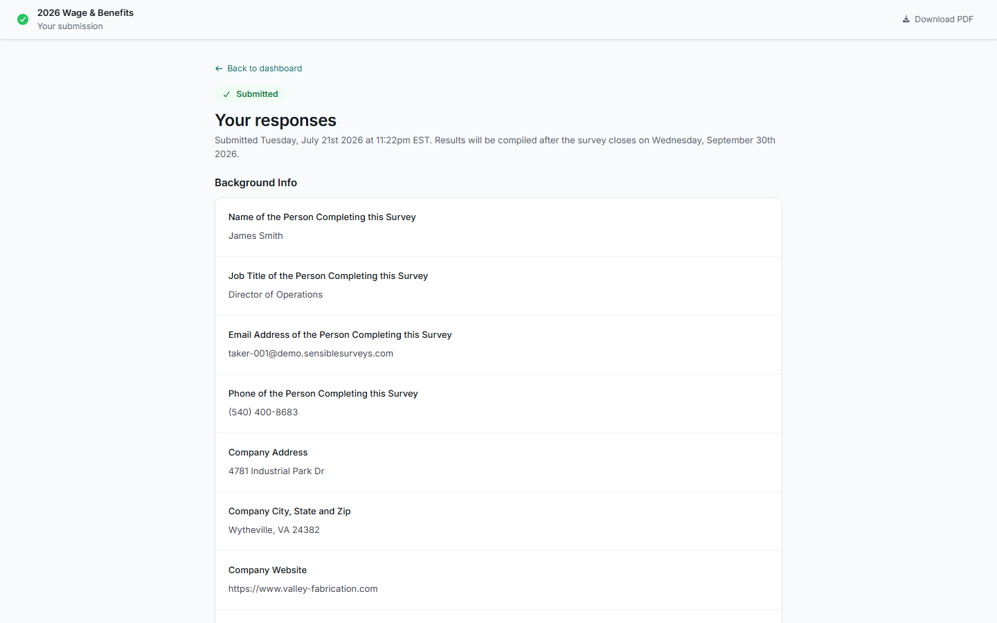 The submitted review page listing your responses with a Download PDF option.