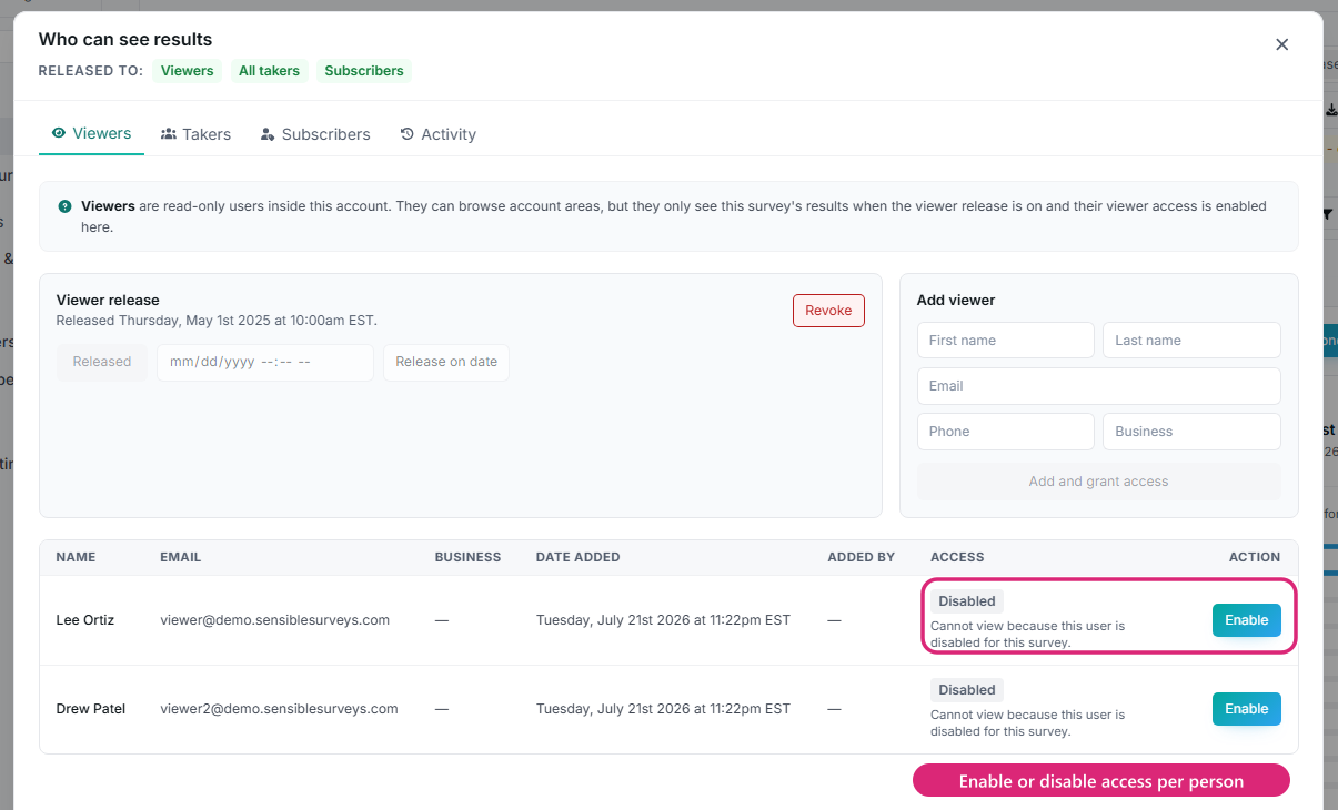 The Who can see results modal with audience tabs, release controls, the Add viewer form, and per-person access highlighted.