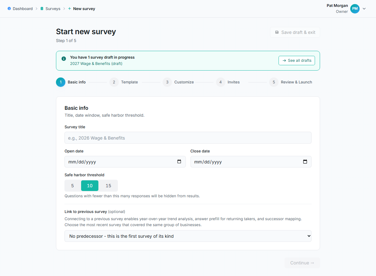 New survey wizard on step 1 of 5, Basic info, with title, dates, safe harbor threshold, and predecessor link.
