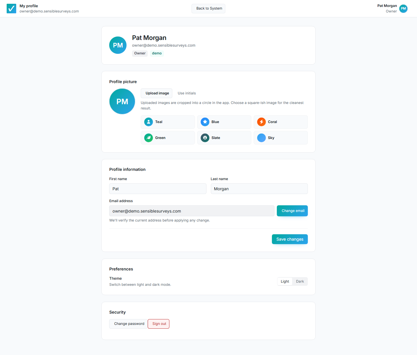 The profile page with picture, name, email, theme, and password controls.