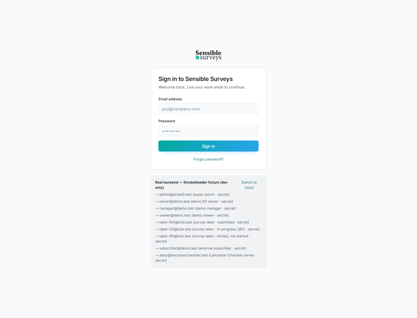The Sensible Surveys sign-in page with email and password fields.
