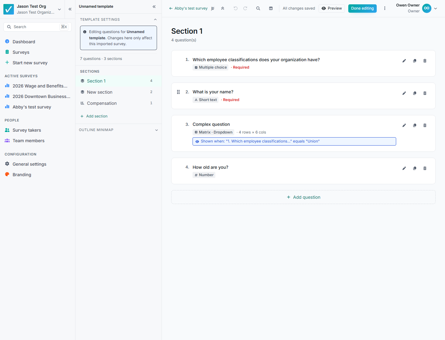 Survey editor showing sections, question cards, question types, and conditional logic.