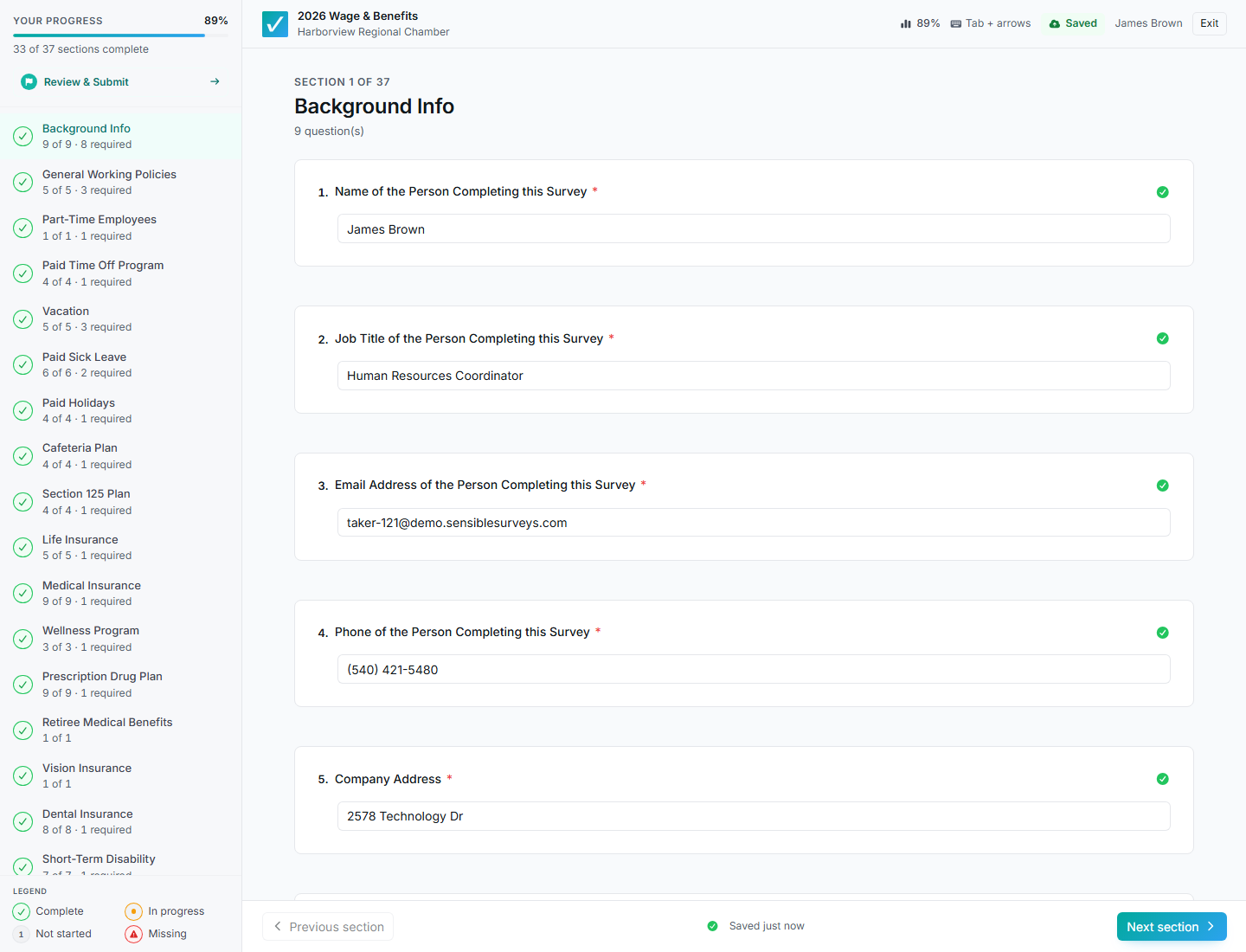 Answering a survey with the section navigation and progress on the left.
